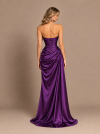 Dusty Blue Strapless Satin Prom Dress with Ruched Bodice and Slit