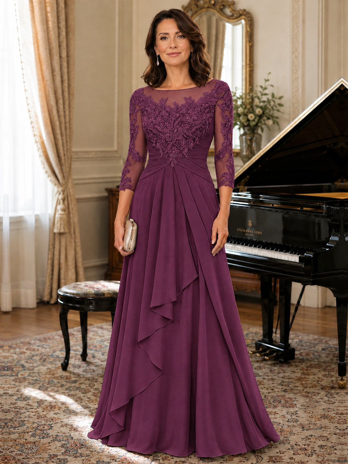 A-Line Chiffon Mother of the Bride Dress with Floral Applique 3/4 Sleeves