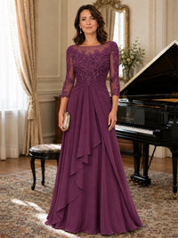 A-Line Chiffon Mother of the Bride Dress with Floral Applique 3/4 Sleeves