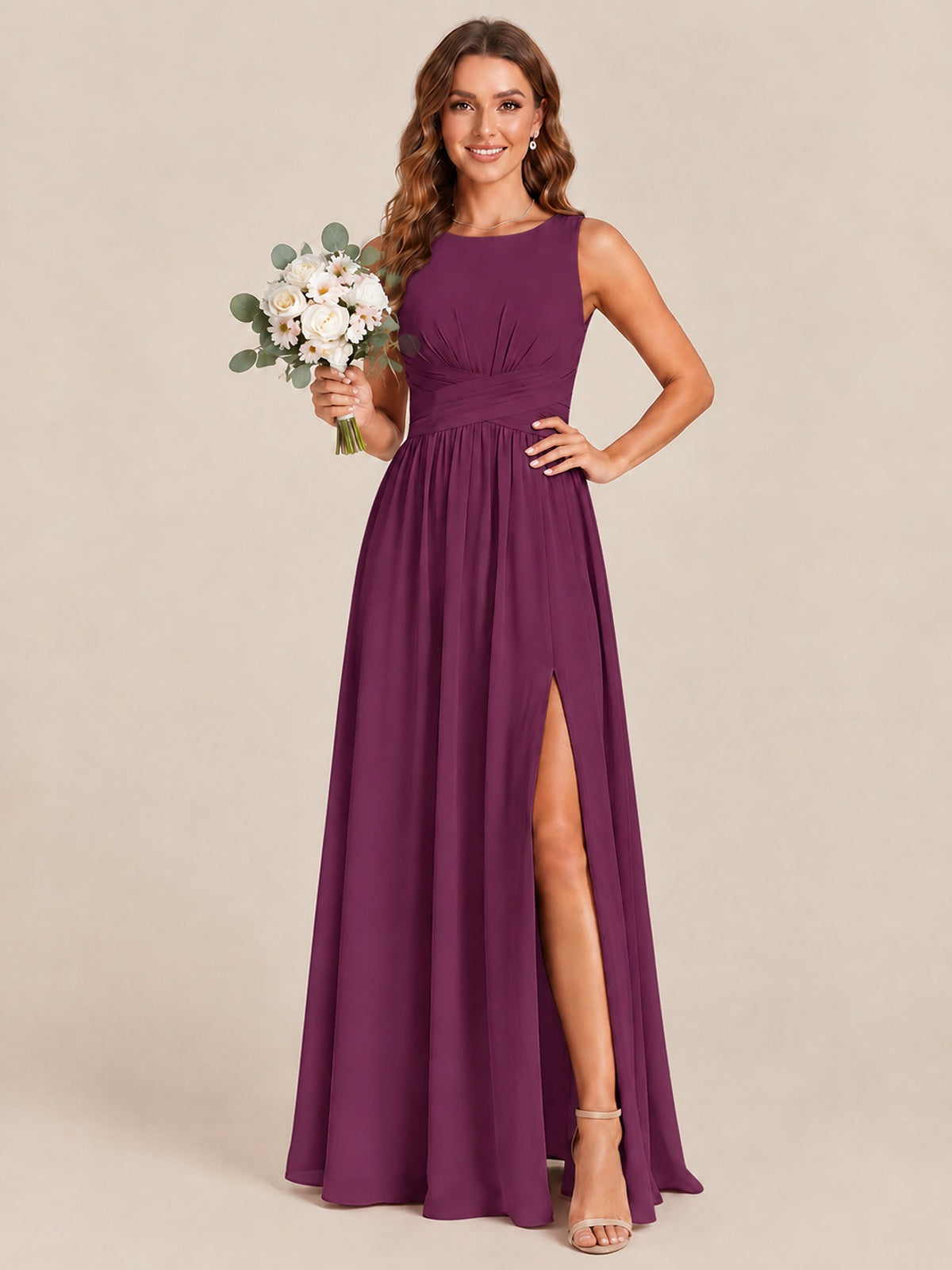 A-line Sleeveless Rucehd Chiffon Bridesmaid Dress with High Slit
