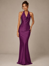 Olive Green Halter Satin Mermaid Maxi Dress