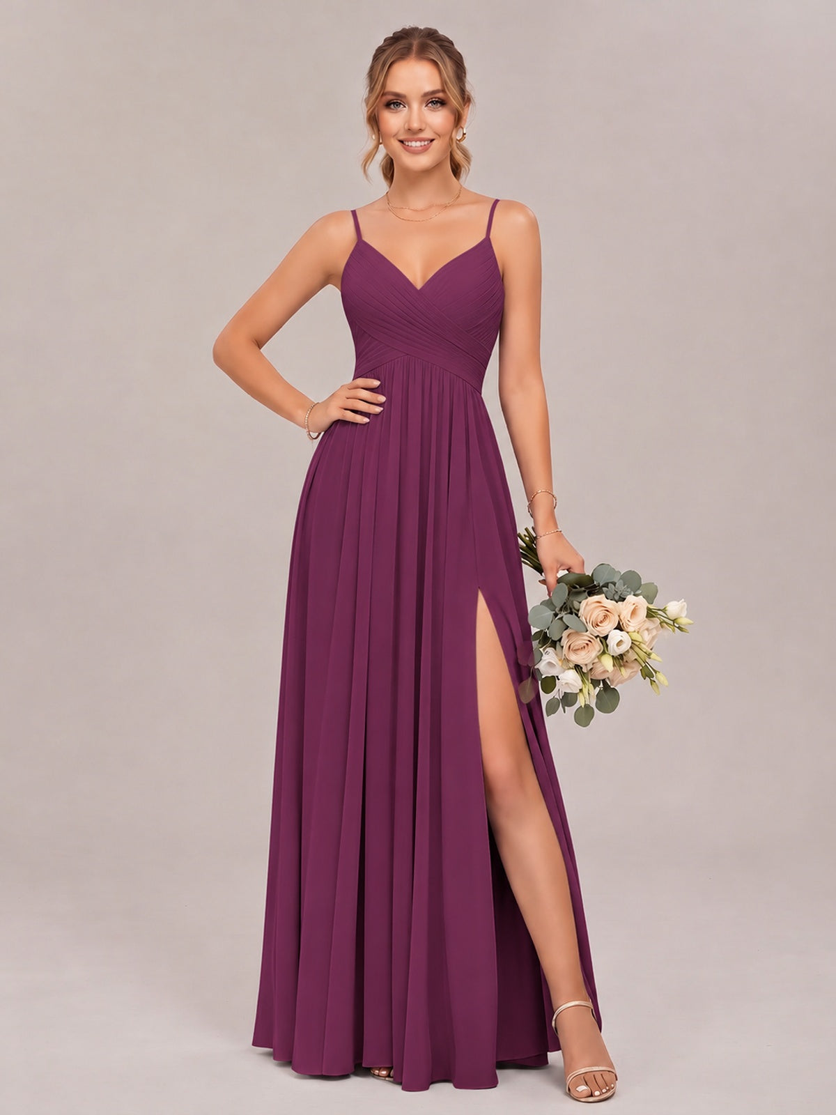 Plum Spaghetti Straps Pleated Chiffon Bridesmaid Dress with Slit V-Neck A-line Long Formal Evening Wedding Guest Gown