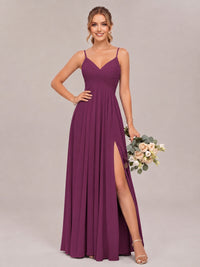 Plum Spaghetti Straps Pleated Chiffon Bridesmaid Dress with Slit V-Neck A-line Long Formal Evening Wedding Guest Gown
