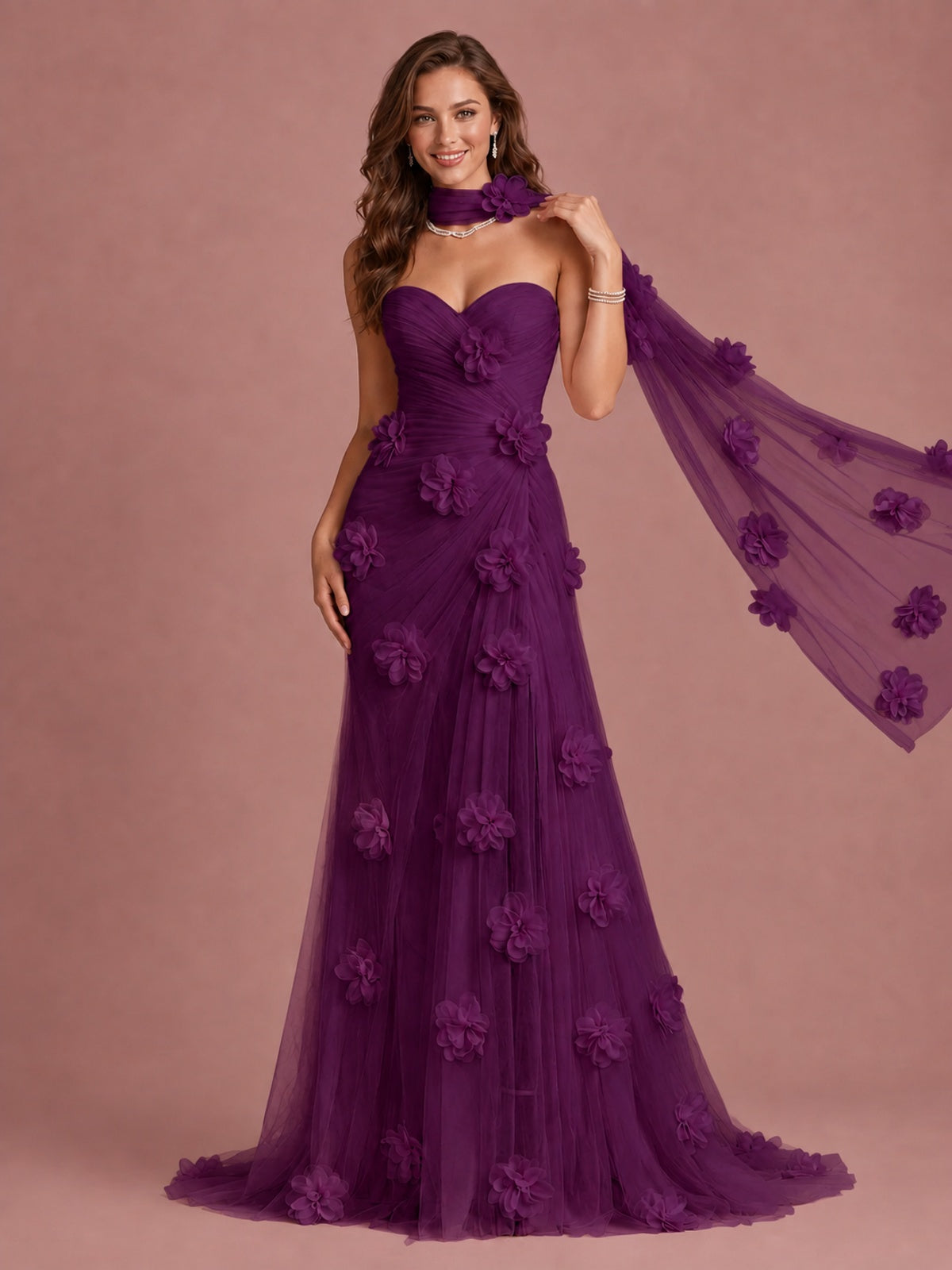 Blush Pink Strapless Sweetheart 3D Floral Tulle Mermaid Prom Dress