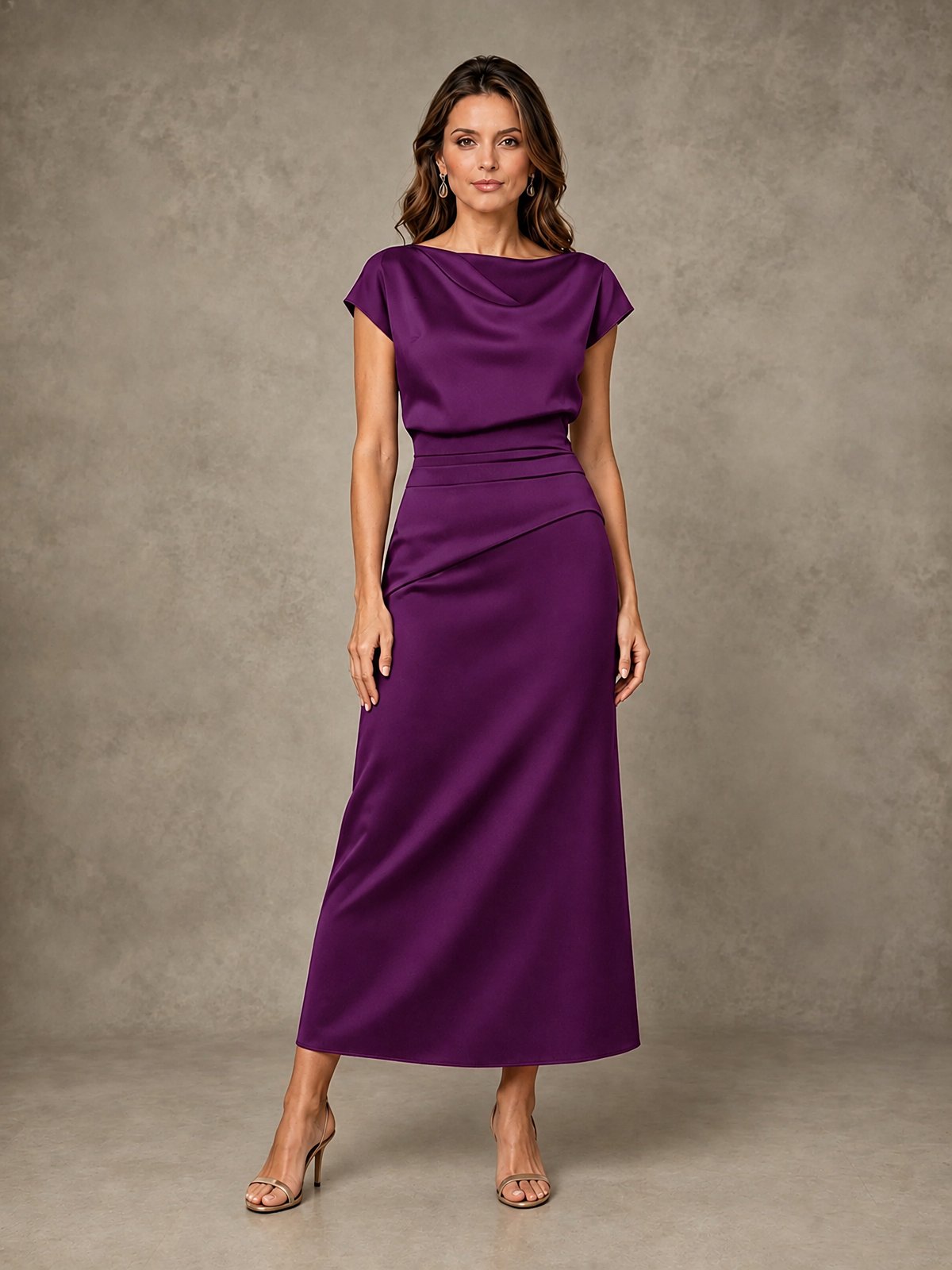 Cowl Neck Satin Mother of the Bride Dress with Ruched Waist
