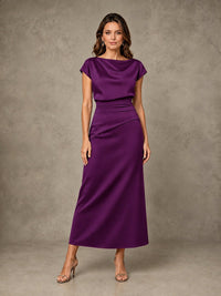 Cowl Neck Satin Mother of the Bride Dress with Ruched Waist