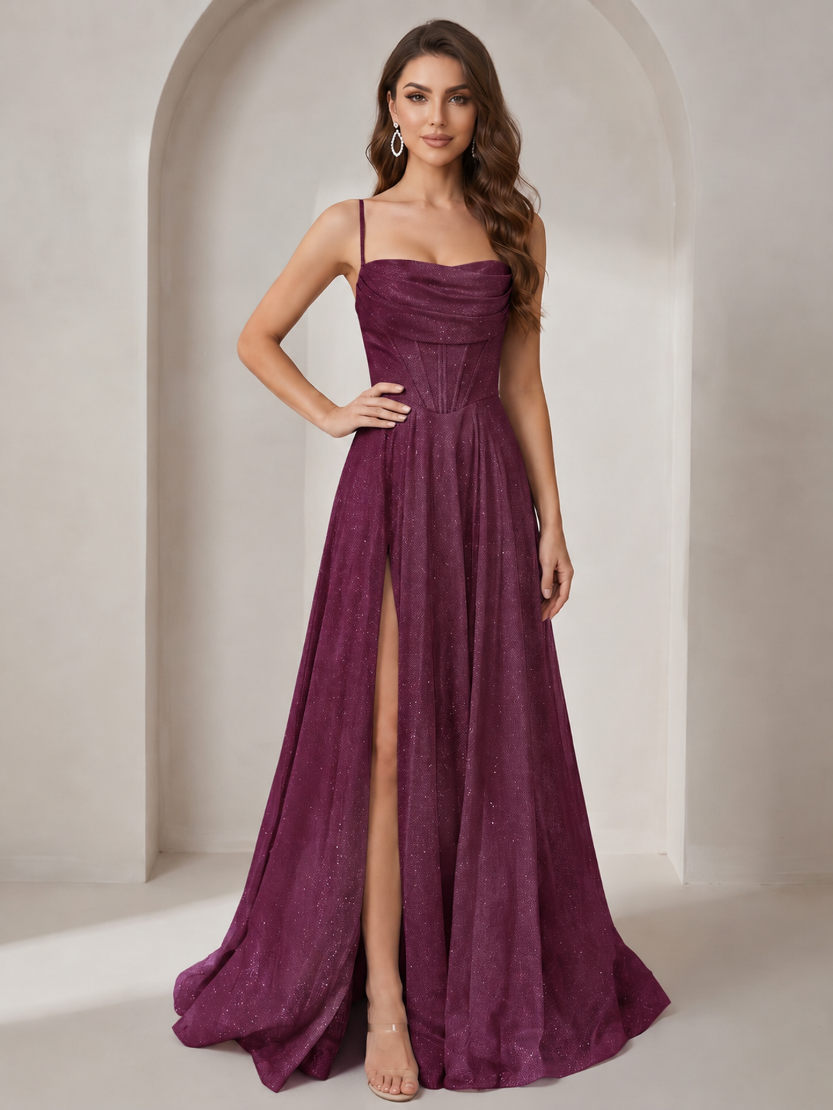 Plum Sparkly Cowl Neck Corset Long Prom Dress with Slit A-line Tulle Ball Gown Formal Evning Party Dress
