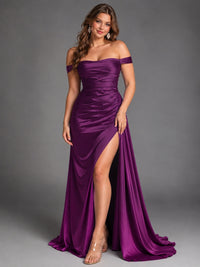 Off Shoulder Satin Maxi Dress with Slit