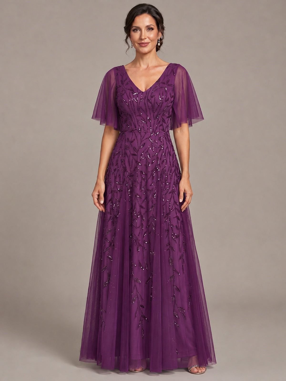 Plum V-Neck Sequin Tulle Mother of the Bride Dress with Flutter Sleeve A-line Evening Formal Wedding Guest Dress