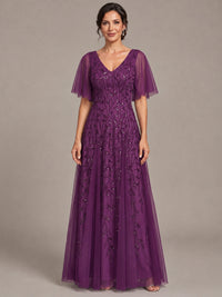 Plum V-Neck Sequin Tulle Mother of the Bride Dress with Flutter Sleeve A-line Evening Formal Wedding Guest Dress