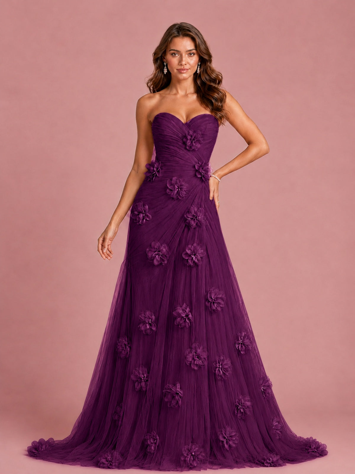 3D Floral Applique Strapless Tulle Prom Dress with High Slit