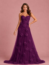 3D Floral Applique Strapless Tulle Prom Dress with High Slit