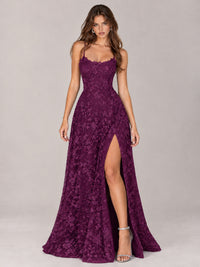 Floral Lace A-Line Prom Dress with Spaghetti Straps & High Slit
