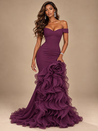 Dusty Blue Off-the-Shoulder Mermaid Prom Dress with 3D Rose & Ruffles