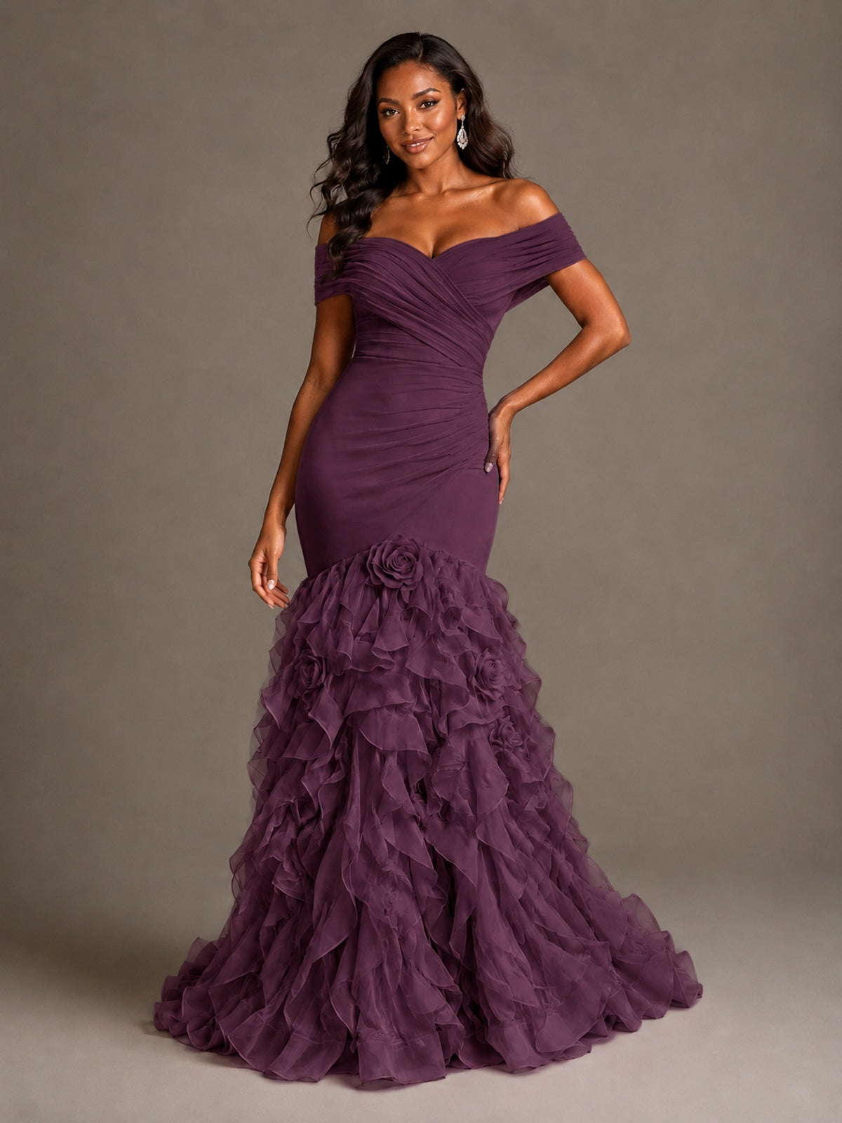 Pink Off-the-Shoulder Mermaid Prom Dress with Ruffles 3D Flowers