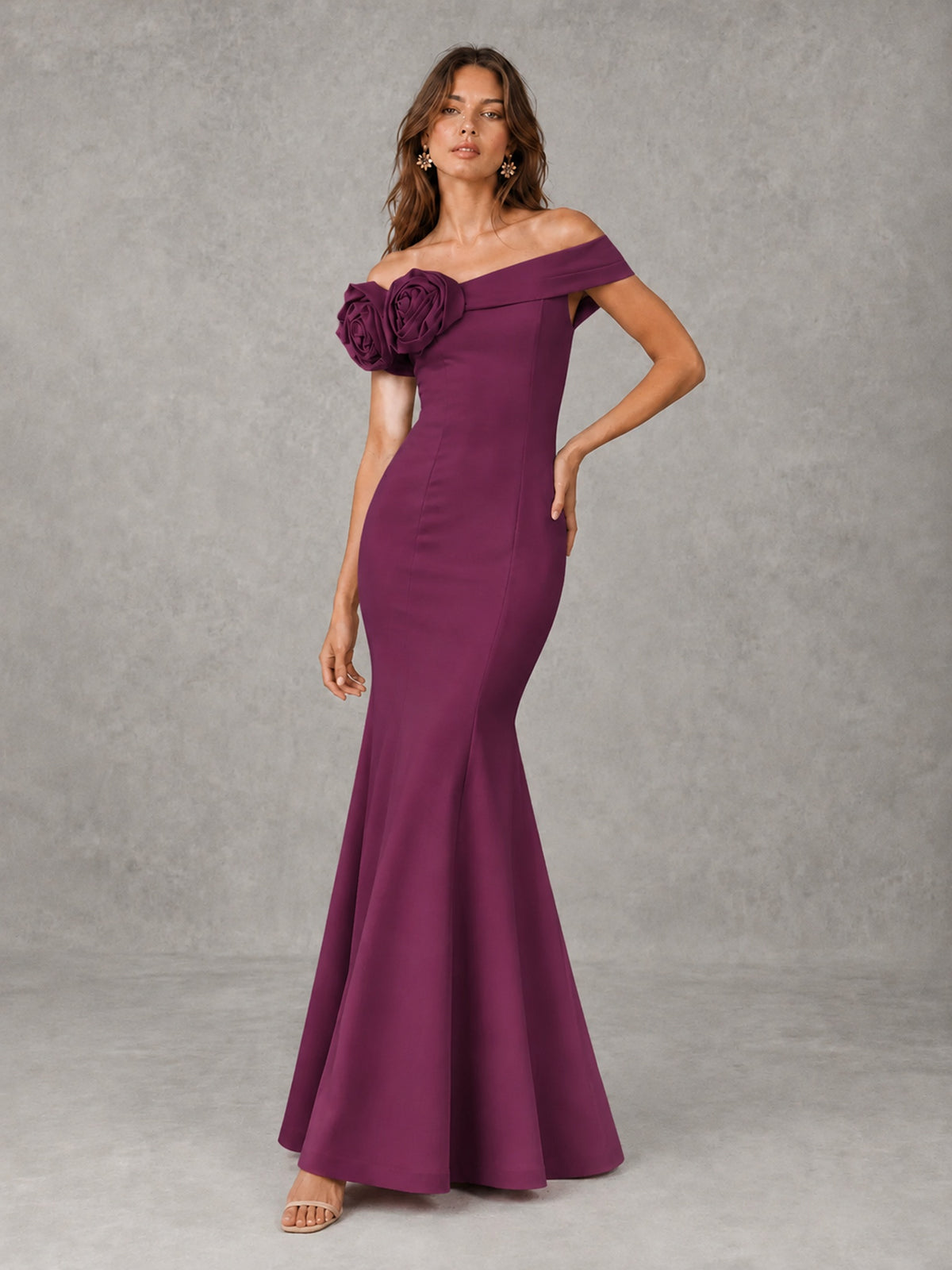 Blush Pink Off Shoulder Mermaid Bridesmaid Dress with Floral Rosette