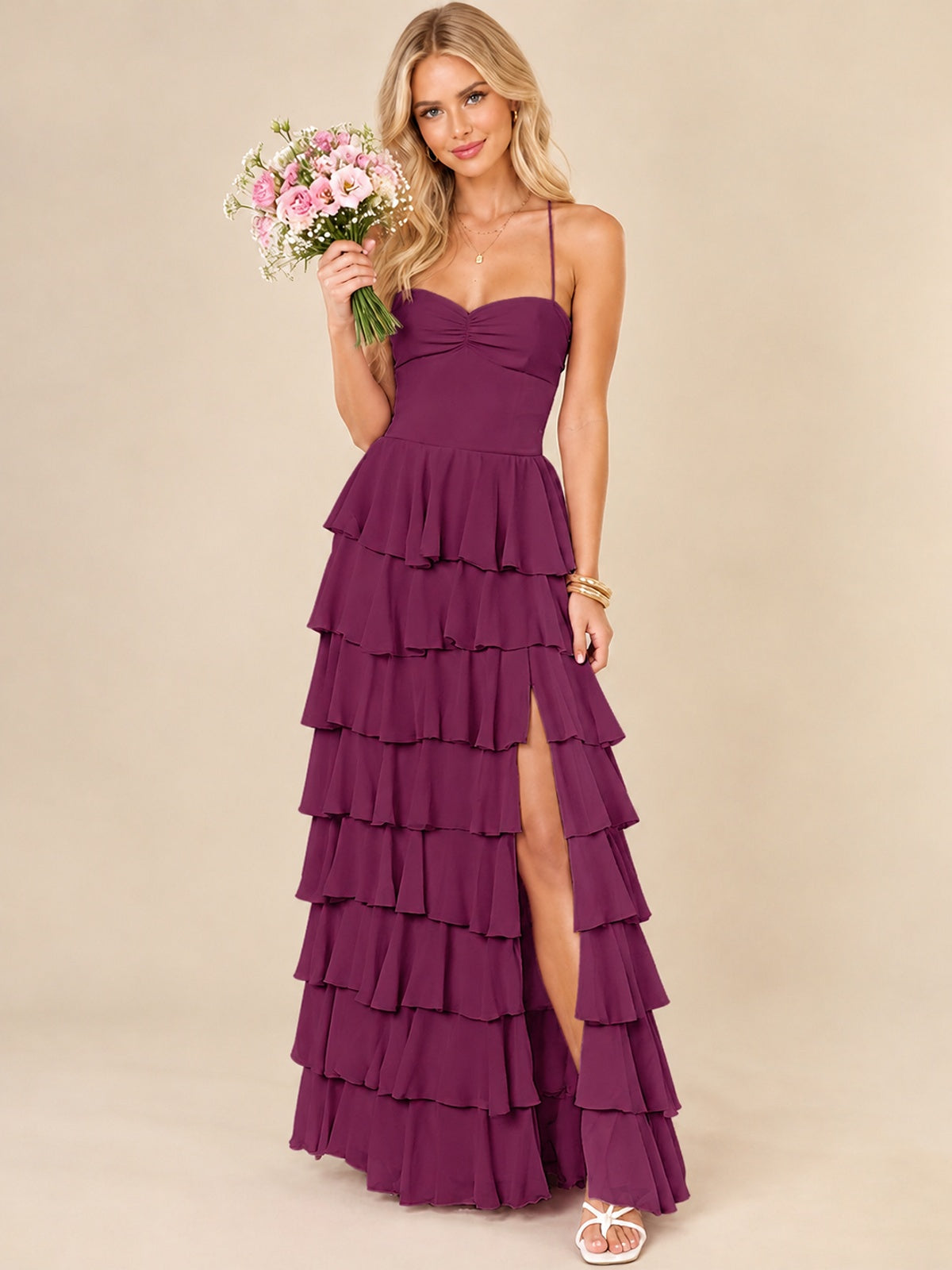 Ruffled Tiered Chiffon Prom Dress Spaghetti Straps Formal Maxi Dress with Slit