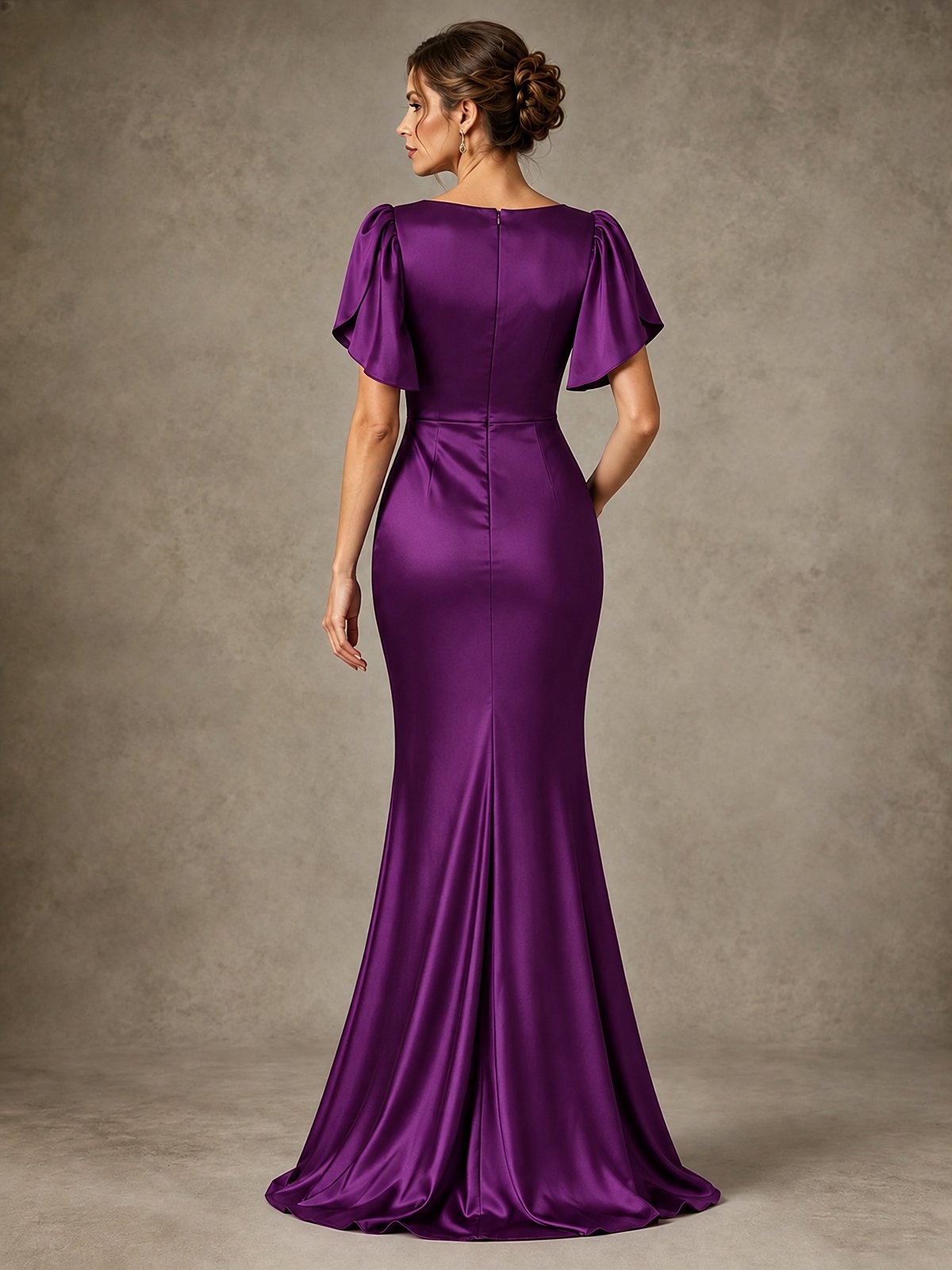V-Neck Satin Mother of the Bride Dress with Flutter Sleeves