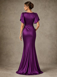 V-Neck Satin Mother of the Bride Dress with Flutter Sleeves
