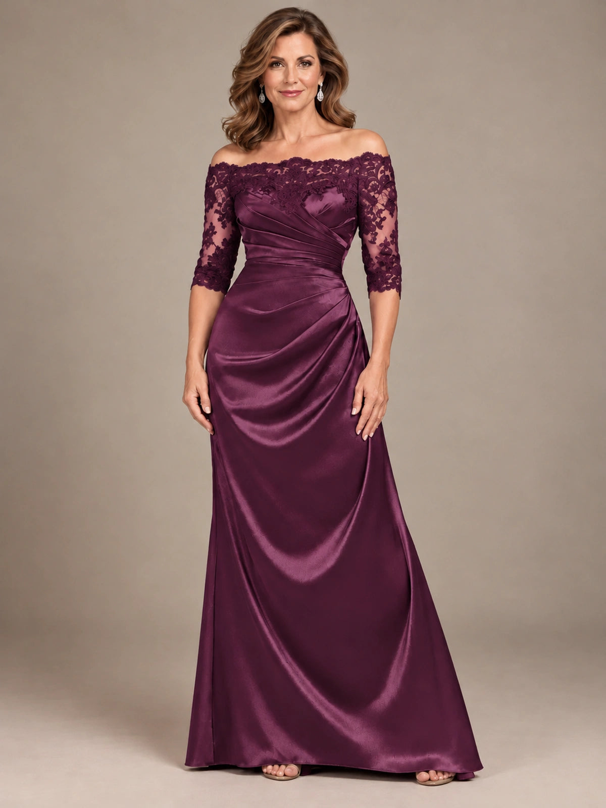 Satin Mother of the Bride Dress with Lace Sleeves Off Shoulder Formal Gown