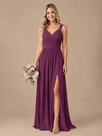 Pleated Chiffon V Neck Wedding Bridesmaid Dresses Floor Length with Slit