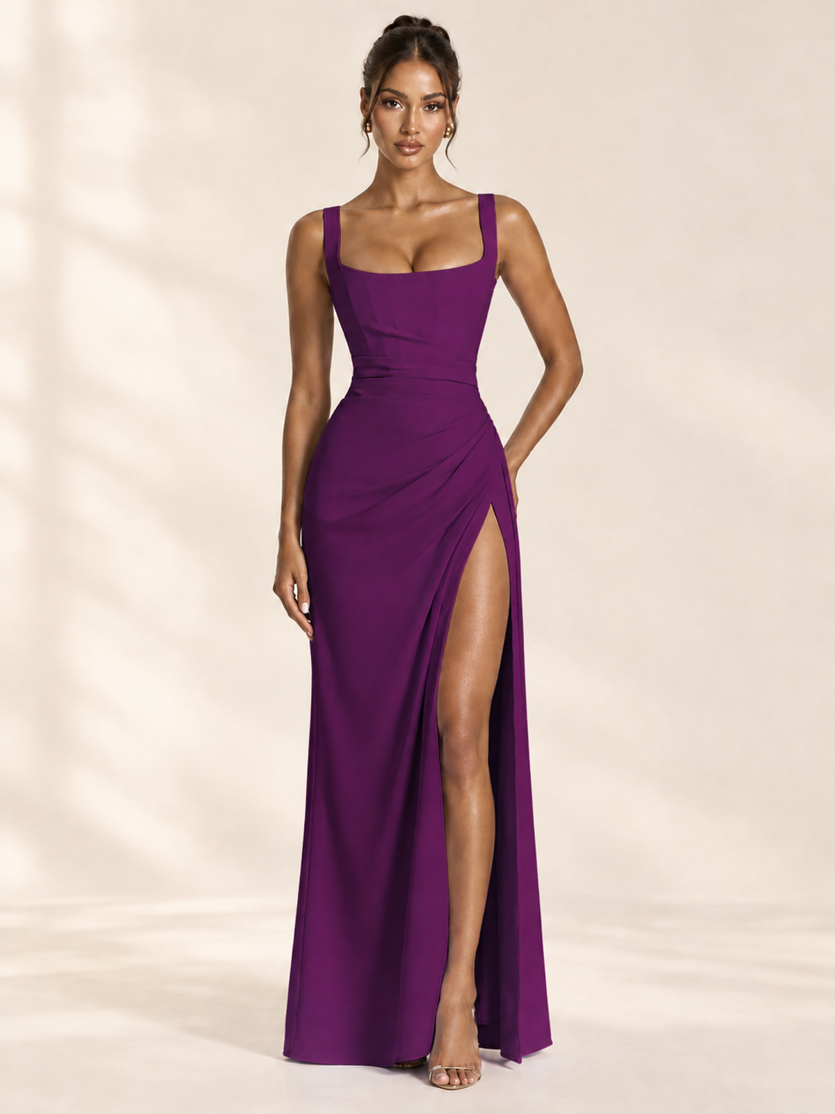 Square Neck Satin Sleeveless Ruched Prom Dress with High Slit