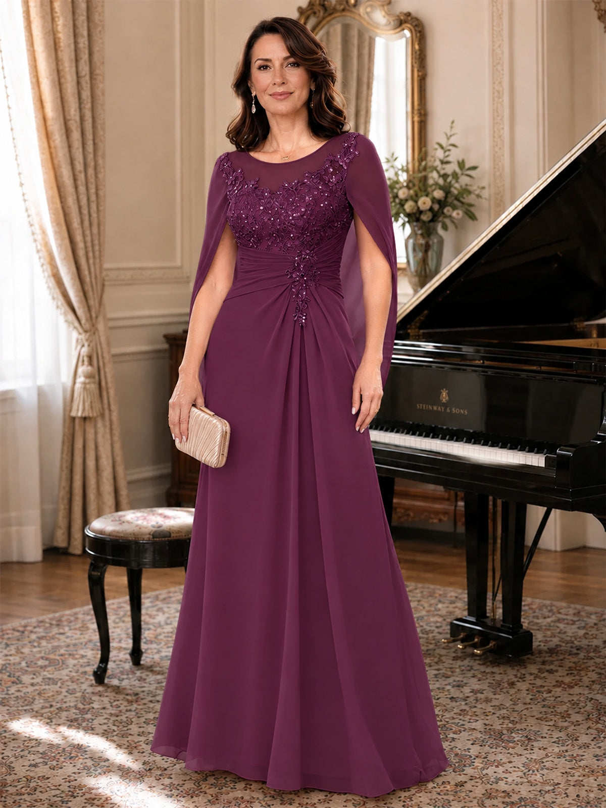 Elegant Applique Chiffon Mother of the Bride Dress with Cape Sleeves