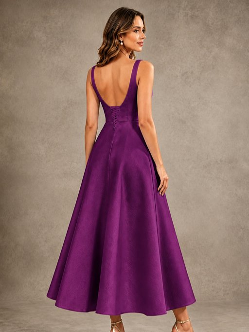 Tea-Length Satin Mother of the Bride Dress with 3D Flower Detail