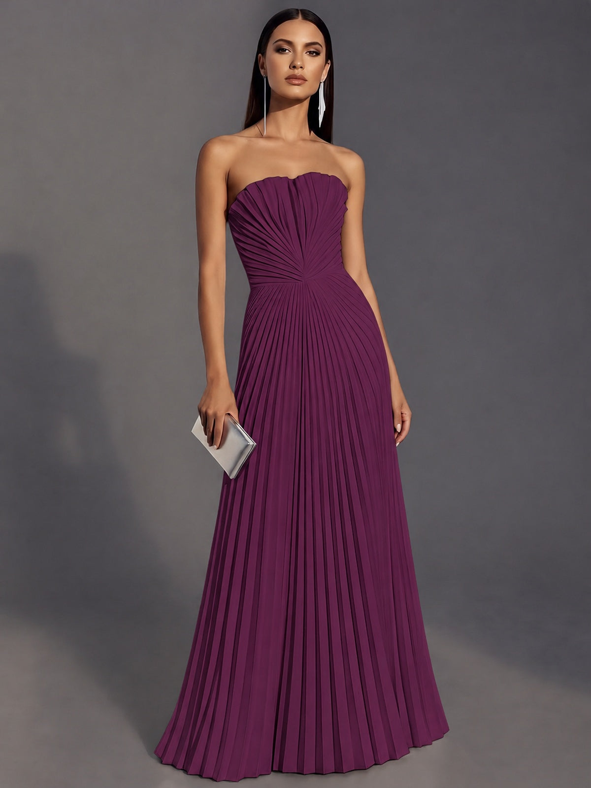 Plum Strapless Pleated Satin Prom Dress Long Formal Gown Evening Dress