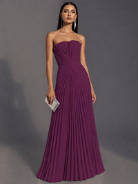 Plum Strapless Pleated Satin Prom Dress Long Formal Gown Evening Dress