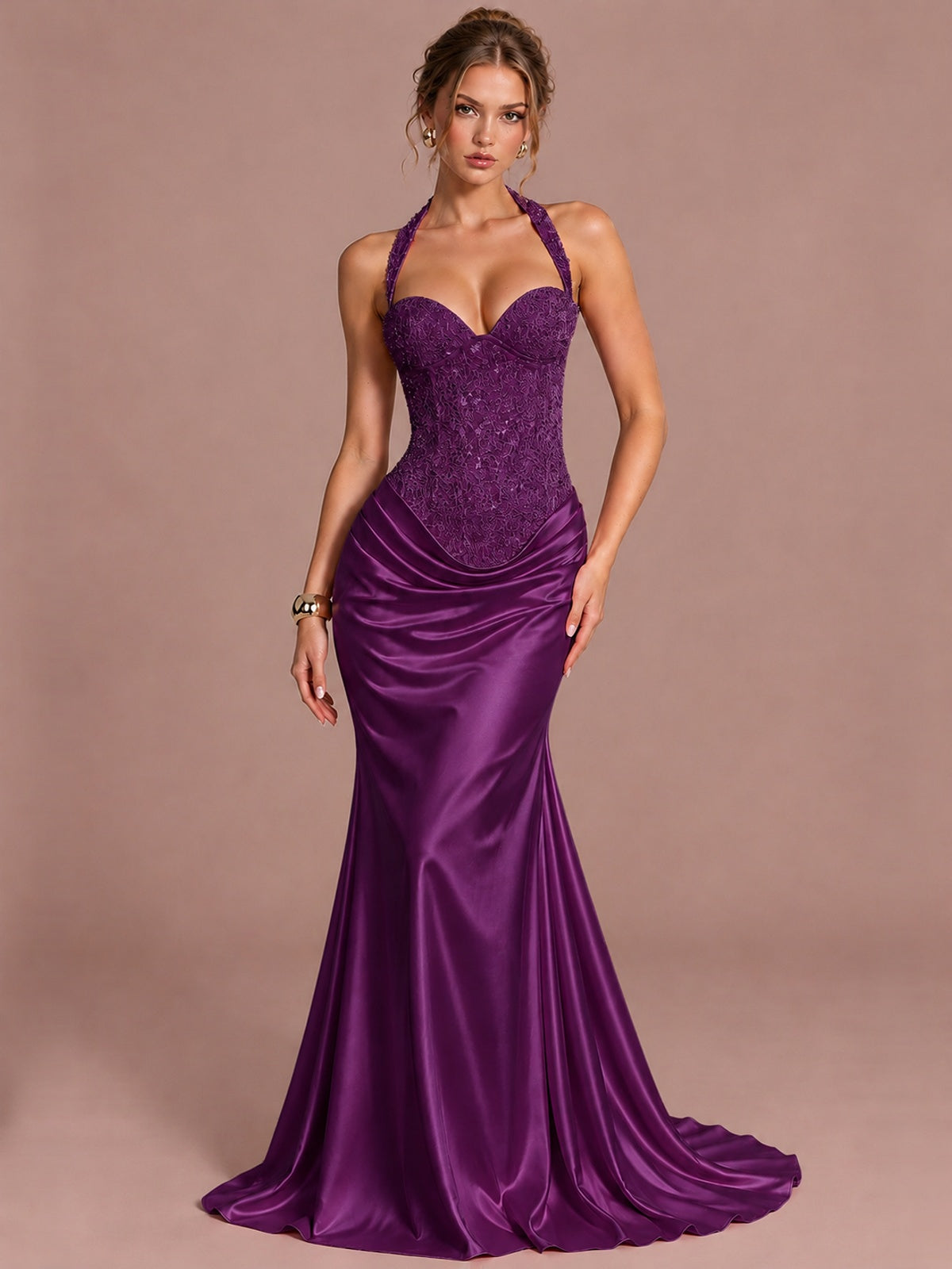Plum Sparkling Halter Corset Satin Mermaid Prom Dress Long Ruched Sequin Formal Gown Evening Party Dress