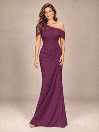 Plum-Lace One Shoulder Chiffon Ruched Mother of The Bride Dresses