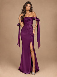 Off The Shuolder Satin Prom Dress Slit Mermaid Formal Gowns
