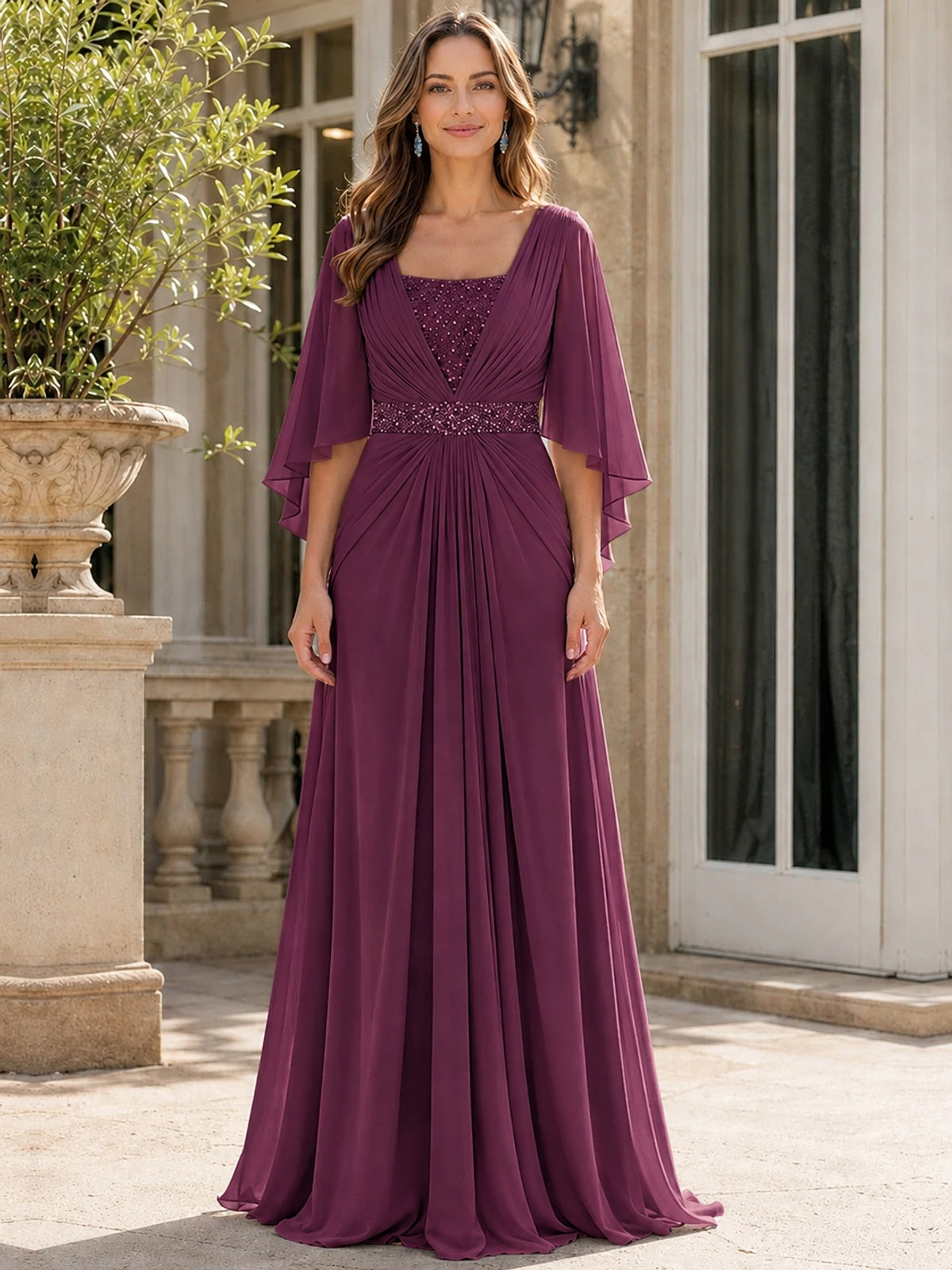 Elegant V-Neck Sequined Chiffon Mother of the Bride Dress with Flutter Sleeves