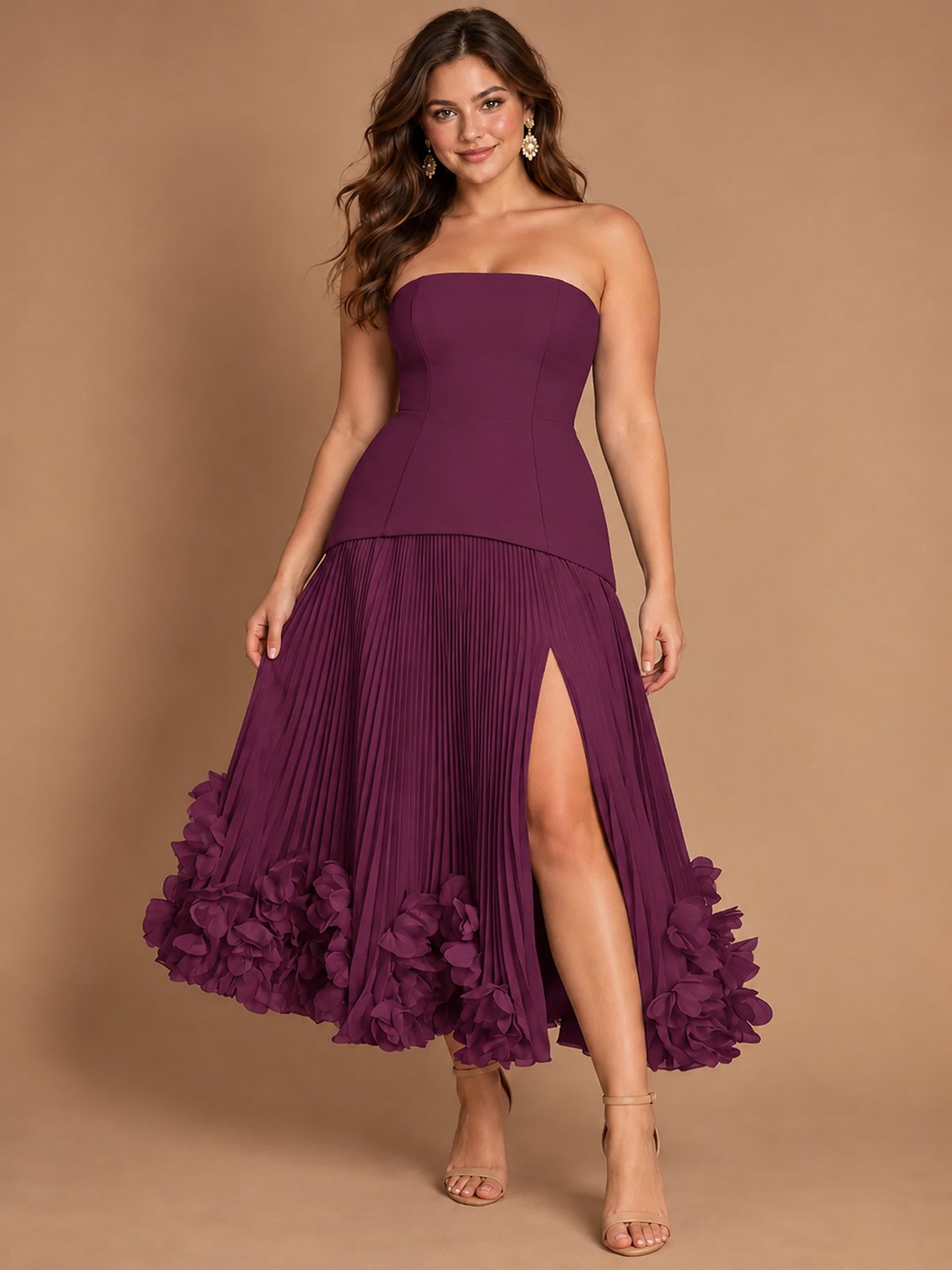 Navy Blue Strapless Pleated A-Line Midi Dress with 3D Floral Applique
