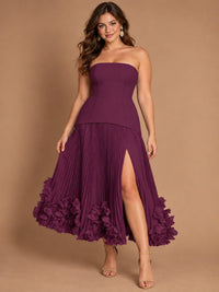Navy Blue Strapless Pleated A-Line Midi Dress with 3D Floral Applique