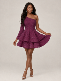 Puffy One Shoulder Sequin Tiered Mini Dress
