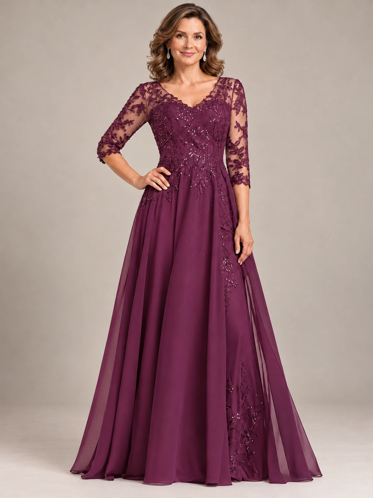 Sequin Lace A-Line Mother of the Bride Dress with 3/4 Sleeves