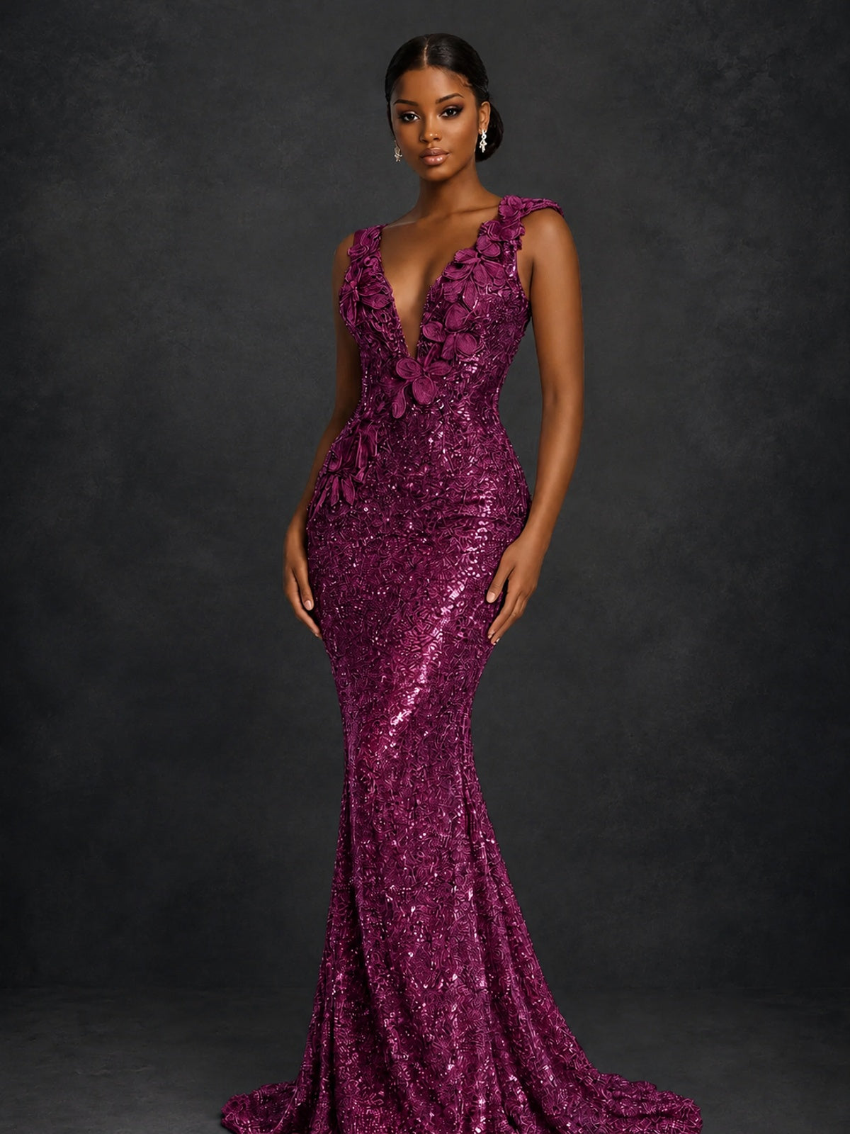 Gold Sequin Floral Applique Mermaid Prom Dress