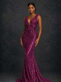 Gold Sequin Floral Applique Mermaid Prom Dress