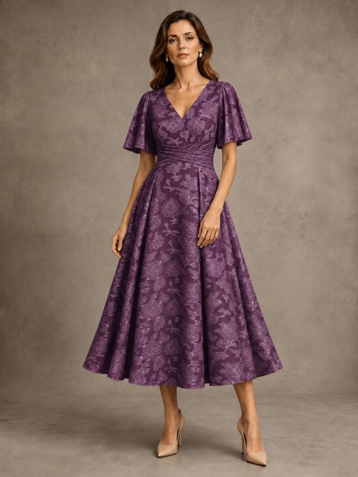 V-Neck Floral Jacquard Tea-Length Mother of the Bride Dress