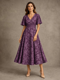 V-Neck Floral Jacquard Tea-Length Mother of the Bride Dress