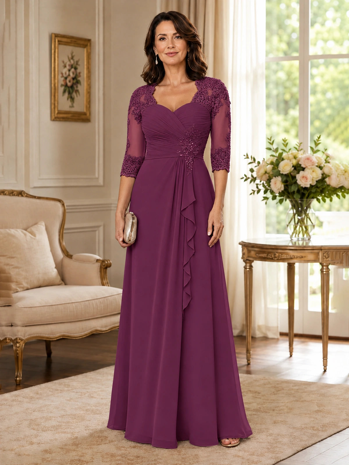 Chiffon Lace Applique Mother of the Bride Dress with 3/4 Sleeves