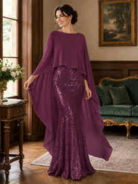 Sequin 2 Pieces Mother of the Bride Dress with Cap Sleeves Chiffon Formal Gowns