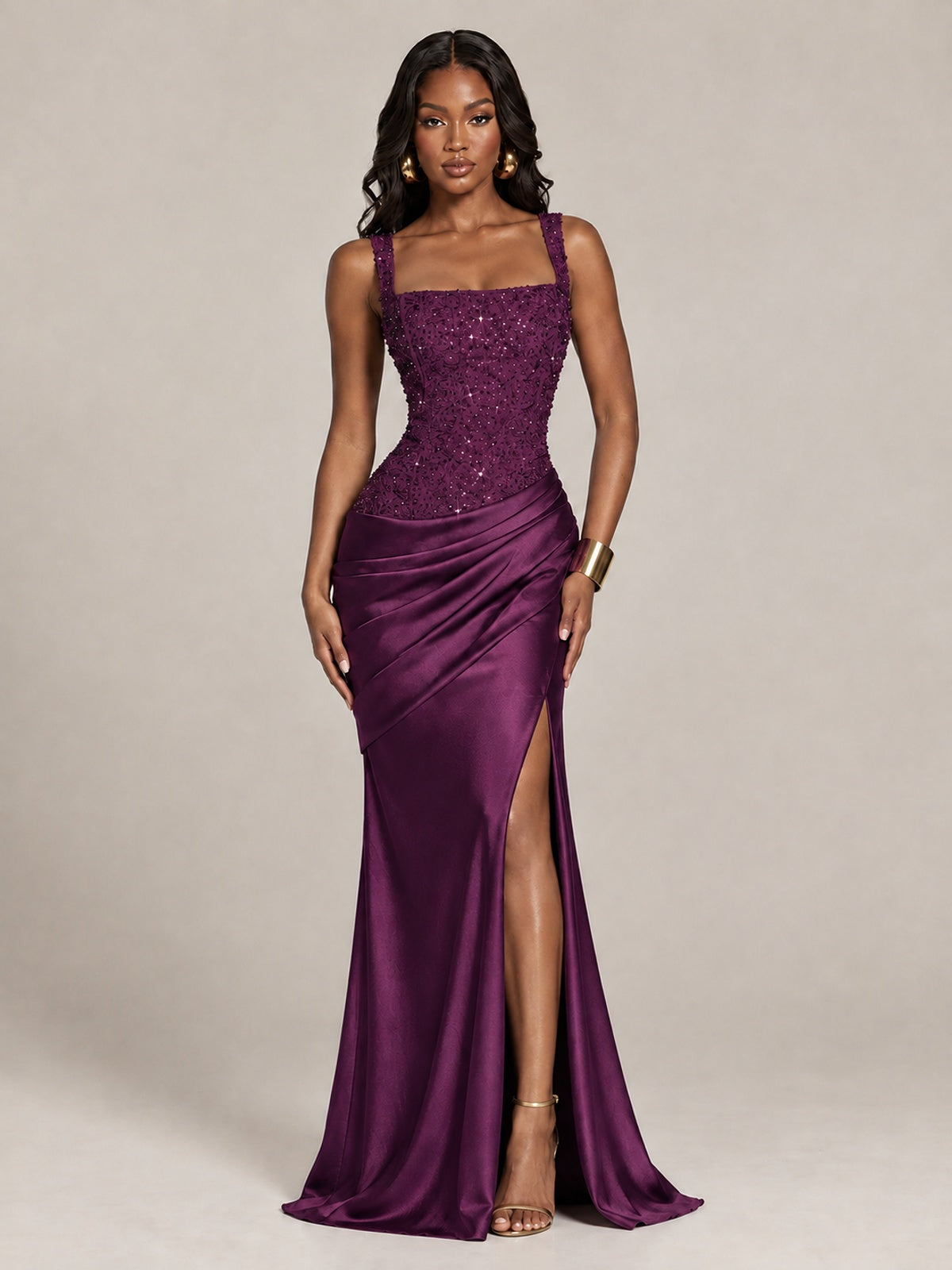 Scoop Neck Sequin Prom Dress with High Slit Satin Formal Gowns
