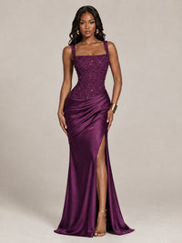 Scoop Neck Sequin Prom Dress with High Slit Satin Formal Gowns
