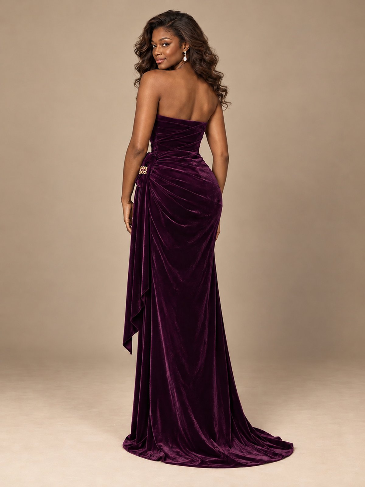 Burgundy Velvet Strapless Ruched Prom Dress with Jeweled Side Drape