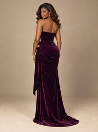 Burgundy Velvet Strapless Ruched Prom Dress with Jeweled Side Drape
