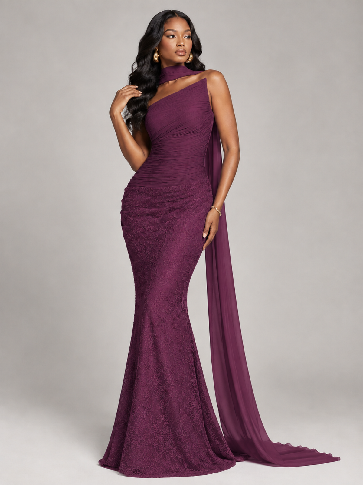 Pleated Chiffon Lace Prom Dresses Long Bodycon Mermaid with Scarf