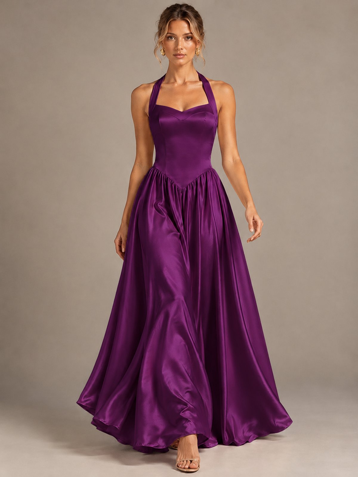 Light Yellow Halter Neck Satin A-Line Maxi Dress with Pockets